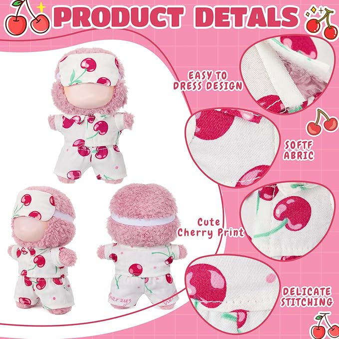 Simgoing 17cm Doll Clothes Pajamas Set with Pants Eye Mask Good Night Bedding Clothes Outfit Gifts Fits 17cm Dolls Accessories for DIY Dress up Lovers(Cute Cherry)
