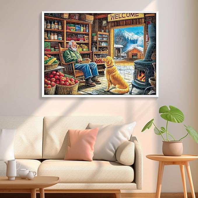 500 Pieces Puzzle for Adults, Country Shop Puzzle for Adult, Elder Man and Golden Dog Jigsaw Puzzle 500 Pieces, Fun and Challenging Family Game Great Gift Idea, 20.5 * 15 in