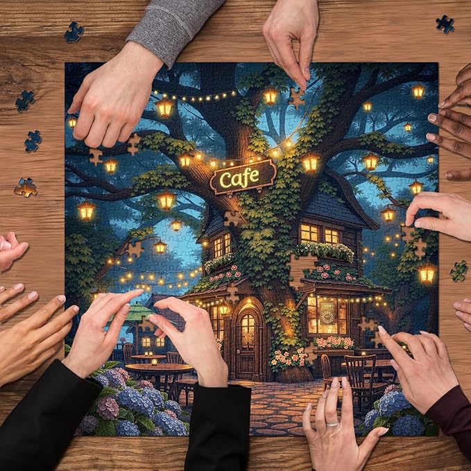 Treehouse Cafe Puzzles for Adults 1000 Pieces, Fantasy Forest Night Jigsaw Puzzles, Magical Tree Coffee Shop Scene