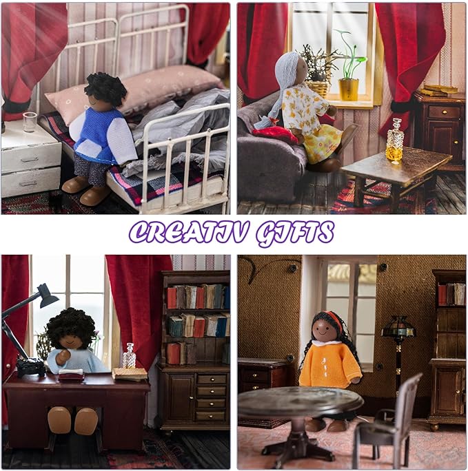 Sumind 35 Pcs Wooden Dollhouse Furniture and 8 African American Dolls Set for Inclusive Creative Play Fits Most 1 12 Scale Miniature Houses Easter Gift for Boys Girls