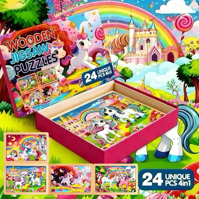 Wooden Puzzles for Kids Ages 3-5, Wood Jigsaw Puzzles, Unicorn Theme Educational Toys Birthday Gifts for Girls 3 4 5 6 7 8 9 Years Old (Unicorn 24 Pieces)