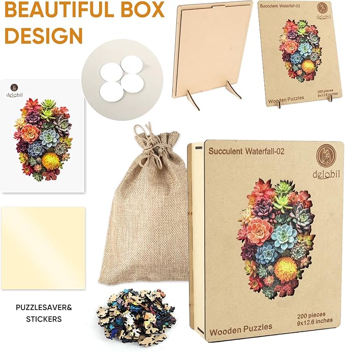 Delobi Succulent Waterfall Wooden Puzzles, 200 Pieces Jigsaw Puzzles 12.6'' x 9'', Unique Design Wooden Puzzles for Adults and Kids, Family Game Gift
