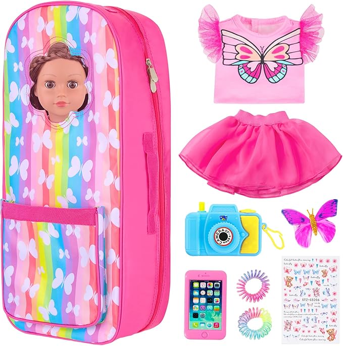 UNICORN ELEMENT 9 Items 18 inch Dolls Bag Set and Accessories Doll Carrier Including 18 Inch Doll Clothes, Camera, Sunglasses, Backpack and Sticker