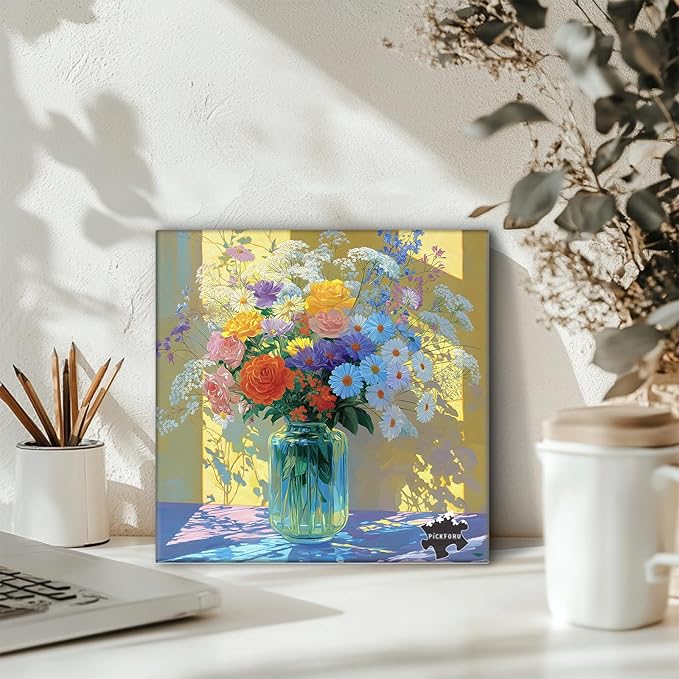 PICKFORU Wildflowers Vase 1000 Piece Puzzle for Adults, Oil Painting Flower Jigsaw Puzzle, Gradient Art Plant Puzzles