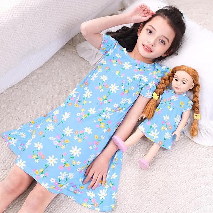ICOSY Matching Doll & Girls Nightgowns Clothes Girls Pajamas Sleepwear Outfit for Kids and 18" Girl Doll