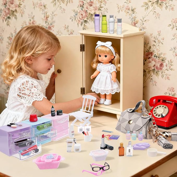 BeadRiver 77Pcs Dollhouse Bathroom Accessories Set - Miniature Makeup & Toiletries with Storage Cases, Handbag, Hair Dryer - 1:12 Scale Doll House Decor for Girls