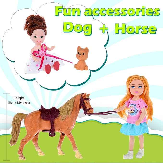 Family Dolls Set of 7 People Include Pregnant Mom Dad 4 Kids, a Small Baby in Mommy's Tummy,a Puppy Dog and a Little Horse, Doll Playsets and Accessories for 3-12 Years Old Toddlers Gift