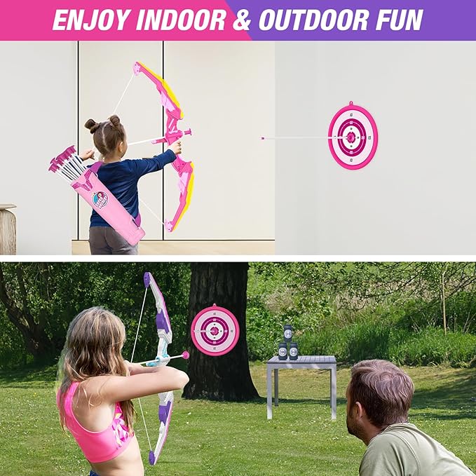 2 Pack Bow and Arrow for Kids, LED Light Up Archery Set with 24 Suction Cup Arrows, 2 Hanging Targets, 6 Score Targets & 2 Quiver, Indoor Outdoor Sport Toys for Girls Ages 4-12