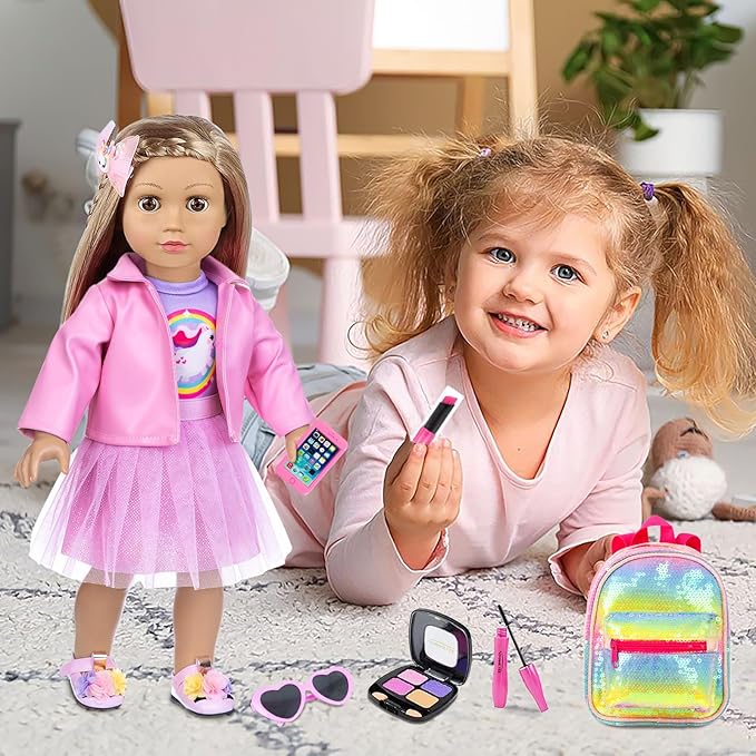 ZNTWEI American 18 Inch Doll Makeup Accessories and Clothes Sunglasses Phone Eye Shadow Lipstick Blusher Hair Clip Backpack Doll Clothes and Shoes Makeup Play Set Gifts ( No Doll )
