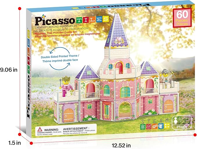 PicassoTiles 60pc Magnetic Tile Princess Castle Building Set with Double Sided Printed Tiles 2 Character Figures STEM Educational Toy Kit for Kids Pretend Play Montessori Learning Ages 3 to 8 PTQ04