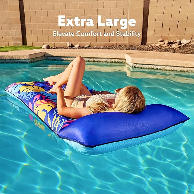 SLOOSH Inflatable Pool Floats Lounger - XL Fabric Covered Pool Mat Floaties for Adults, Ultra Comfort Water Floating Lounger with Headrest for Beach Lake Swimming Pool Float Raft 68"X34"