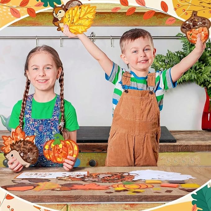 Feifeiya 24 Sets Fall Crafts Kit DIY Autumn Paper Crafts with Colored Tissue Paper Sticker Tools Fall Harvest Pumpkin Leaf Acorn Squirrel Suncatcher Ornaments for Classroom Thanksgiving Activity Arts