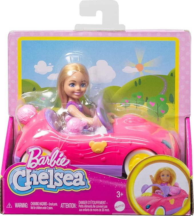 Barbie Chelsea Toy Car Set with Bear-Themed Convertible & Teddy Bear Accessory, Blonde Small Doll Wears Removable Skirt & Shoes