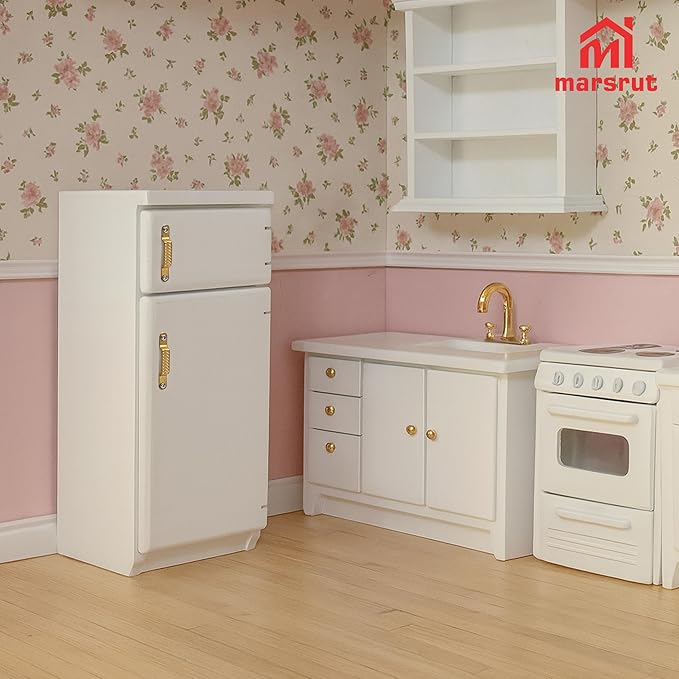 1/12 Scale Dollhouse Refrigerator Miniature Fridge Kitchen Furniture Wooden Doll House Mini Accessories Living Room Dining Decoration Modern Playhouse Decor Prop Model, White (2.4x2.1 x5.2inch)