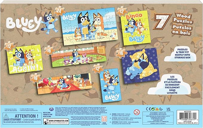 Spin Master Games, Bluey Puzzles 7-Pack, Wooden Jigsaw Puzzles for Preschoolers, 12, 16, & 24 Pieces, Storage Tray, Bluey Toys, for Ages 4 & Up