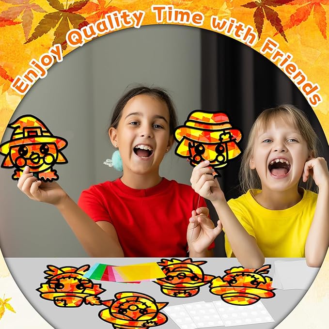 QOUBAI 32 Sets Fall Scarecrow Suncatchers Craft Kit DIY Window Stained Glass Effect Autumn Scarecrow Paper Crafts Home School Classroom Decoration Kid Birthday Gift Creative Art Project Activity Game