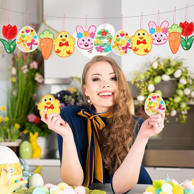 24 Pack Easter Suncatcher Craft Kit Easter Window Art Kit Bunny Carrot Egg Crafts Window DIY Tissue Paper Suncatcher Decoration Ornament for Classroom Art Party Favor Supplies