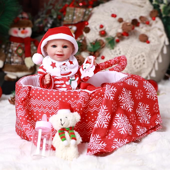 BABESIDE 9 Pcs Christmas Baby Doll Clothes with Bassinet for 10-11-12 Inch Babydolls, Baby Doll Accessories and Dolls Clothes fit Small Baby Dolls Girl, Babies Pretend Play Set