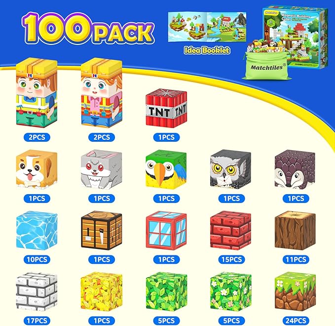 Magnetic Blocks with Animals, Magnetic Building Blocks Magnet Cube Toys Stacking, Build Forest World Set, STEM Montessori Sensory Toys for Gifts (100 Forest Animals)