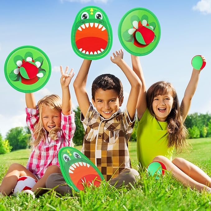 10.6 In Big Dinosaur Toss and Catch Ball Set, Catch Game Toys for Kids 3 4 5 6 7 8 9 10, Outdoor Yard Games Beach Toys for Family Outside Activities w/4 Big Rackets, 4 Balls, 1 Drawstring Bag