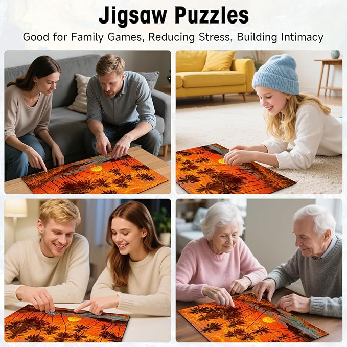 Puzzles for Adults 1000 Pieces, Tropical Sunset Beach Jigsaw with Letters on Back, Palm Trees & Ocean Waves, 28x20 Inch Wall Art, Relaxing Family Game, Easter
