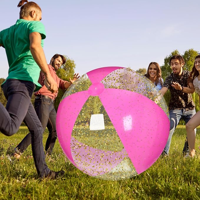 Realspring 2 Pcs 48'' Giant Beach Balls for Swimming Pool 4 Ft Jumbo Glitter Confetti Inflatable PVC Pool Balls Large Summer Blow up Beach Toys for Adults Summer Outdoor Party Favor(Pink White)