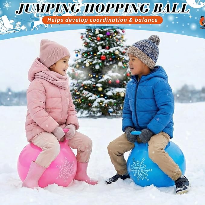 Sratte 6pcs 18 Inch Bouncy Hopper Ball with Handle Christmas Snowflake Bouncing Balls Blue Purple Pink Hopping Toys Inflatable Jumping Toy for Sport Boys Girls Gifts Winter Party Favors