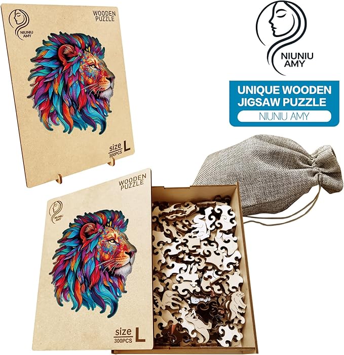 Wooden Puzzle for Adults,Lion Jigsaw Puzzles 300 Piece,Thanksgiving Birthday Gifts Family Game,Unique Shape Puzzle Challenge 14.9 x 14.9 Inch
