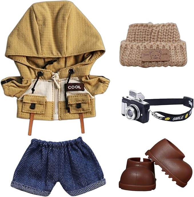 Outdoor Windbreaker Clothes Sets for Doll 15cm/17cm Sporty Outfits - Knit Hat, Jacket, Pants, Shoes & Detachable Mini Camera, Hiking/Camping/Snow Play Clothing for Mini Figures - Khaki