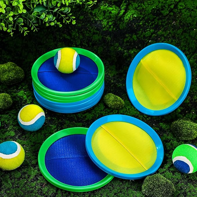 Charniol Kids Toys Toss and Catch Game Set Beach Game Outdoor Ball Sports Games Toss and Catch Ball Nylon Toys for Kids Adults (Blue Yellow,Blue Green,12 Paddles 6 Balls)