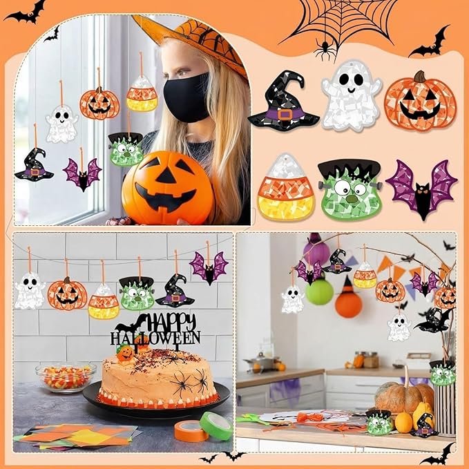Feifeiya 24 Set Halloween Suncatcher Crafts with Tissue Paper DIY Stained Glass Effect Sun Catcher Kit Make Your Own Halloween Crafts Hanging Ornaments for Window Activity Creative Projects