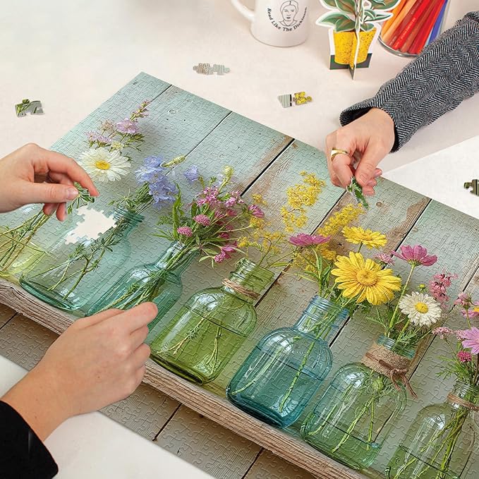 Wildflower 1000 Piece Puzzle for Adults, PICKFORU Whispering Blooms Summer Flower Garden Jigsaw Puzzle, Challenging Retro Vibrant Sunflower Vase Theme as Home Decor