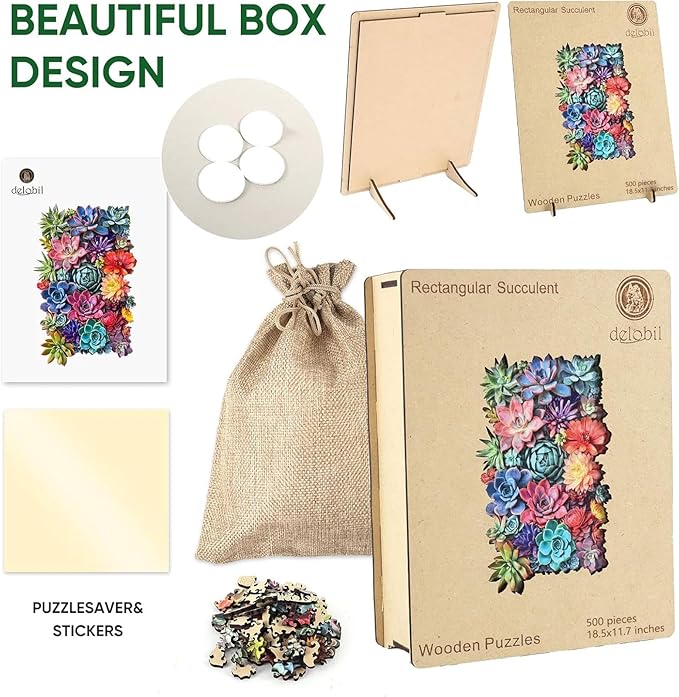 Delobil Rectangular Succulent Wooden Puzzles,500 Pieces Jigsaw Puzzles 18.5'' x11.7'', Unique Design Wooden Puzzles for Adults and Kids, Family Game Gift Royal Size
