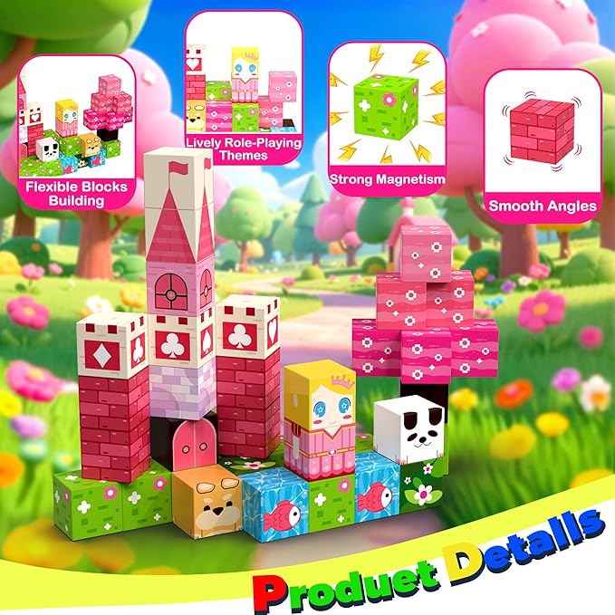 Princess Magnetic Building Blocks Travel Toys - 35PCS Magnet Cubes for Kids Ages 4-8, STEM Learning Toys, Portable Magnetic Toys Set for Toddlers 3-5, Boys & Girls,Birthday Gifts, Classroom Prizes