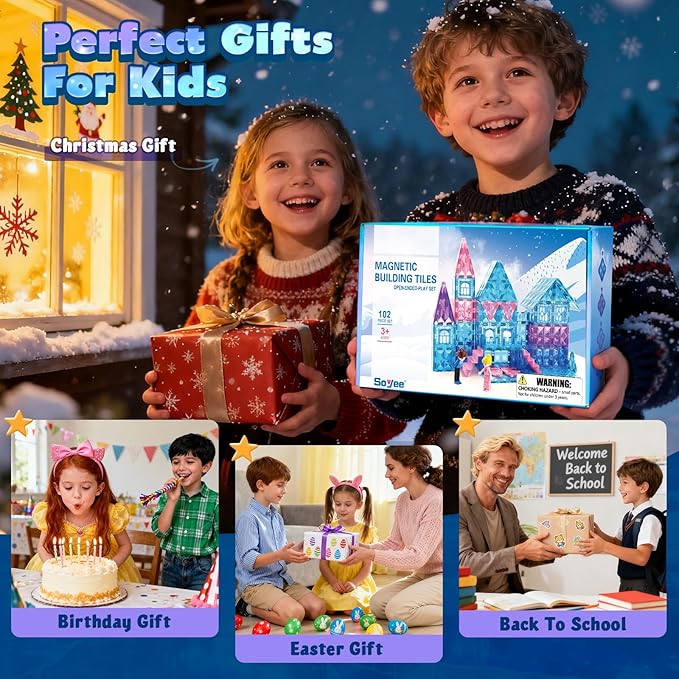 Magnetic Tiles 102pcs with 2 Stairs 2 Dolls Princess Castle Building Girls Toys Age 4-5 6-8 Magnetic Blocks Birthday Xmas Gifts for Girls Toys for 3 4 5 6 7 8+ Year Old
