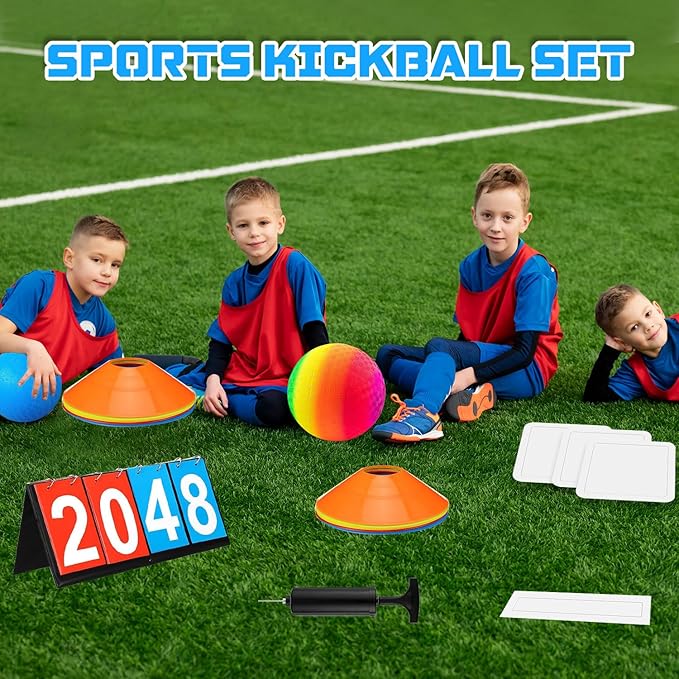 Huaerle 18 Pcs Sports Kickball Set Includes 2 Playground Ball with Air Pump 4 Rubber Throw Down Bases 10 Foul Line Cones and a Flip Scoreboard for Boys Girls Adults Playground School Backyard