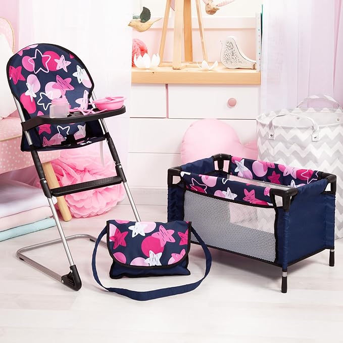 Bayer Real Life Baby Doll Accessories - 9-in-1 Furniture Set with Highchair, Travel Bed, Dining Set
