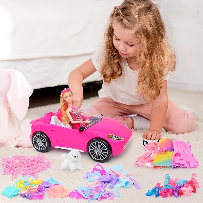 78 Pcs 11.5 Inch Doll Rose Convertible Toy Car Playset, Toys for Kids Including 11.5 in Girl Dolls, Toy Car, 1 Fancy Dress, 3 Regular Dress, 1 Fashion Dress, 71 Doll Accessories