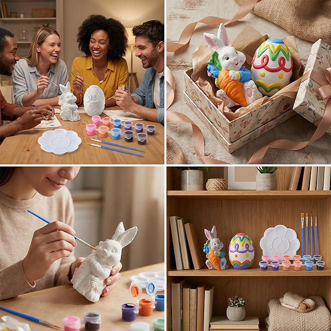 GloomGlo Easter Ceramic Painting Kit - 2PC Bunny Egg Figurines with 6 Colors of Paint, Brushes & Palette, DIY Arts and Crafts Toy for Kids and Adults (2pcs)