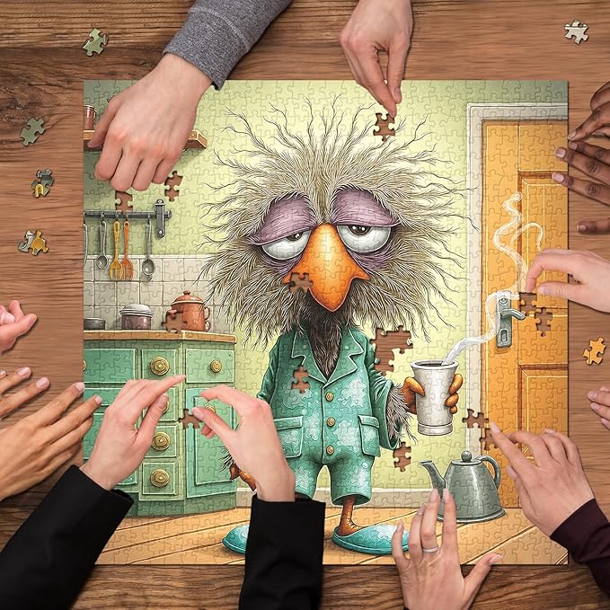 Funny Bird Puzzles for Adults 1000 Pieces, Cute Morning Coffee Birds Jigsaw Puzzles, Sleepy Tired Animal Puzzle