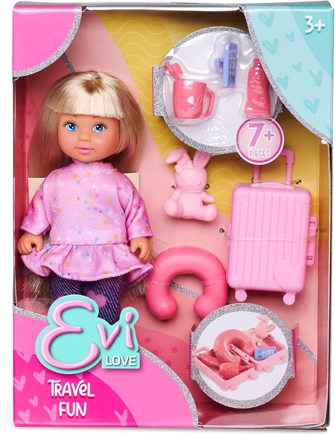 Simba Evi Love Travel Fun - Doll (12 cm) with Opening Case & Travel Accessories, Creative Role Play for Children from 3 Years