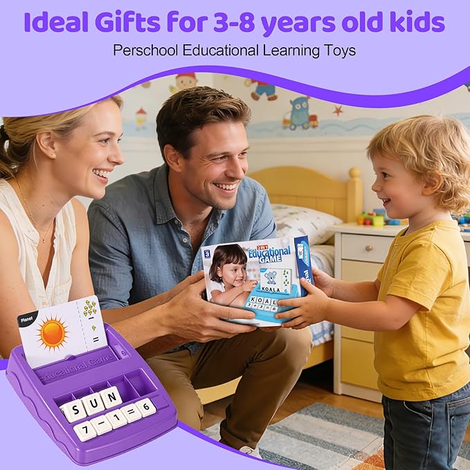 Educational & Learning Toys for Kids, 3-8 Years Old Matching Games with Letter & Math Flash Cards, Christmas Birthday Gifts for Preschool Boys Girls Grandkids - Purple