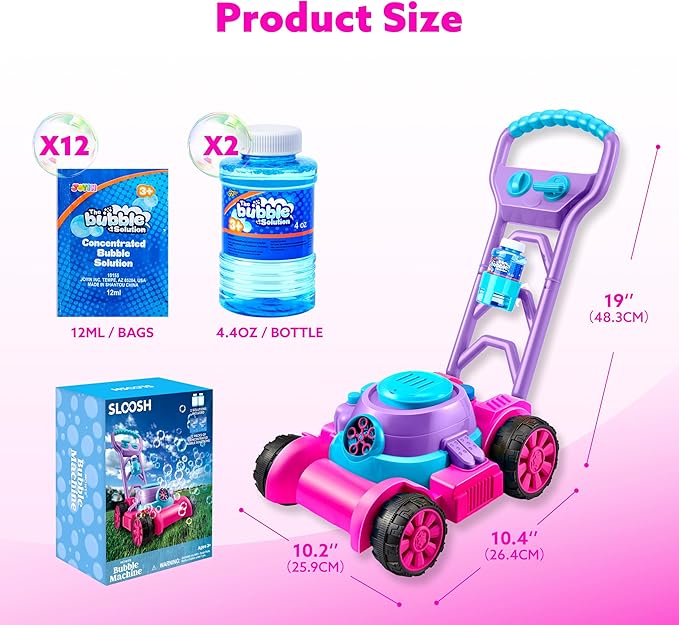 SLOOSH Bubble Lawn Mower Toddler Toys - Spill-Proof Bubble Machine Pretend Gardening Toy for Age 1 2 3 1-3 Year Old Toddler Indoor Outdoor Use, Baby Girl Push Toys Easter Birthday Gift (Pink)