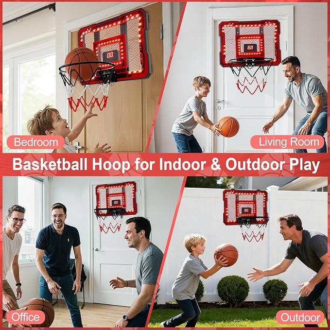 FIODAY Indoor Mini Basketball Hoop, Over The Door Basketball Hoop with LED Lights/Scoreboard/4 Balls, Upgraded Reinforced Backboard Frame, Basket Ball Toys Gift for Kids Ages 3-5-12+ Boys Girls