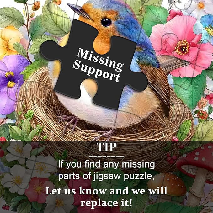 Robin Bird Puzzles for Adults 1000 Pieces, Flowers Garden Puzzles Mushrooms Floral, Nature Spring Bird Jigsaw Puzzle Painting