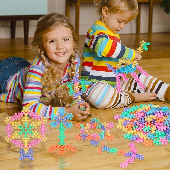 Macaron Color Interlocking Building Blocks Set β 600pcs Snowflake Shape Plastic Construction Toys in 6 Pastel Colors with Storage Box, Educational STEM Blocks for Kids Creative Play (Macaron Colors)