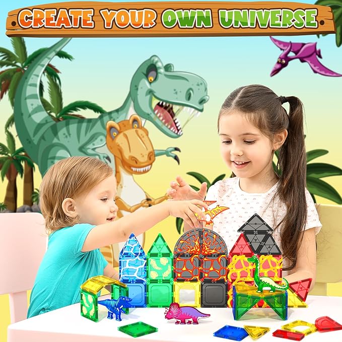 Coodoo Dinosaur Toys Magnetic Tiles Lava Dinosaur World Set - Magnetic Blocks Building for Kids 3-5 5-7 Girls Boys Toy Age 4-6 6-8, Classroom Must Haves Toddler Sensory for 3+ Year Old Kids Toys