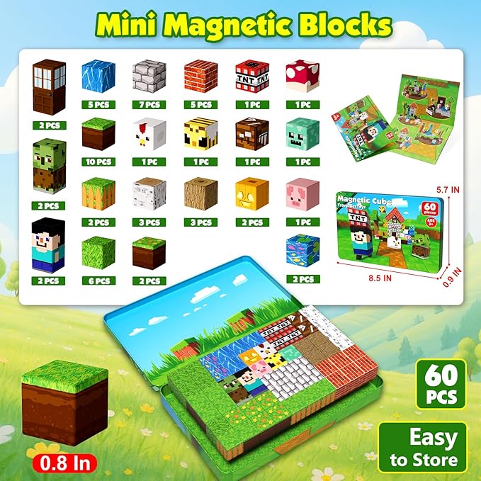 60 PCS Magnetic Blocks with Metal Box, 0.8in Mini Magnetic Building Cubes STEM Educational Toys for Kids Ages 3+ Boys Girls, Travel Airplane Classroom Play, Birthday Easter Toy Gifts
