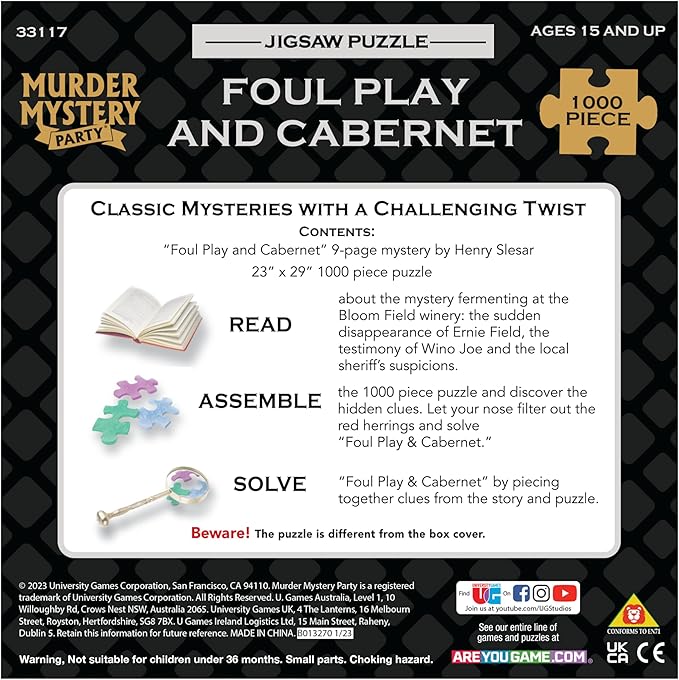 Murder Mystery Party – Foul Play & Cabernet 1000 Piece Jigsaw Puzzle with Mystery Story Booklet, Adult Murder Mystery Puzzle Game, Wine-Themed Puzzle for Ages 15+