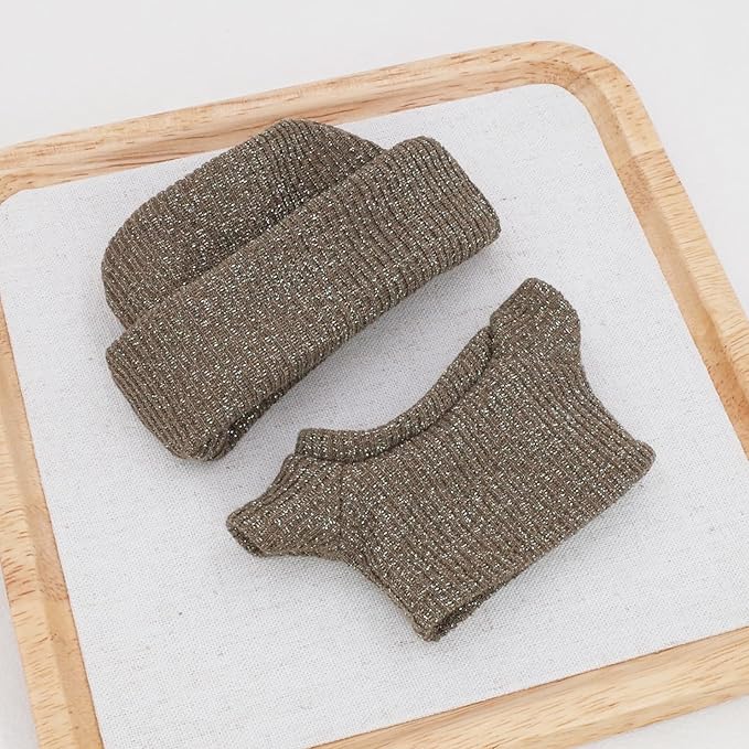 Etistta 17cm Doll Clothes with Hat, Brown Glitter Knit Cap Top and Cap, Suitable for 17cm Dolls with Head Circumference 8.5 Inch